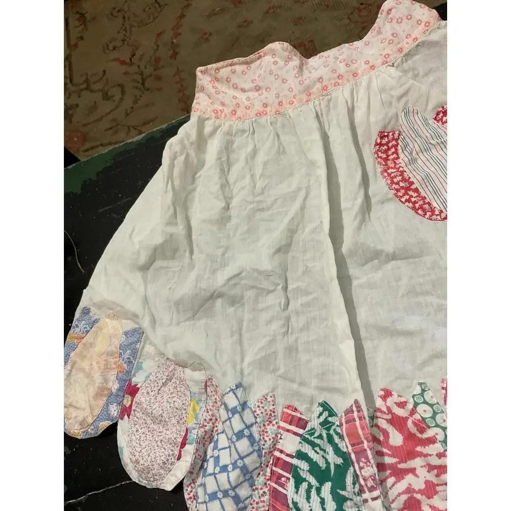 Vintage White Cotton  Patchwork Apron with Multicolor Patchwork Detail